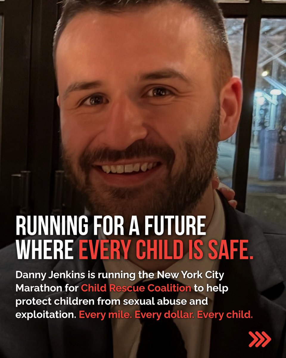 ChildRescueCo's tweet photo. For years, Danny Jenkins has watched the @nycmarathon from the sidelines. But this year, as his 5th marathon, Danny will run the NYC Marathon as a member of Team Child Rescue Coalition. 
We are incredibly grateful. ❤️ Support Danny’s NYC Marathon journey:
https://t.co/iwzpU4Iwyb https://t.co/6yO4SJlMhI