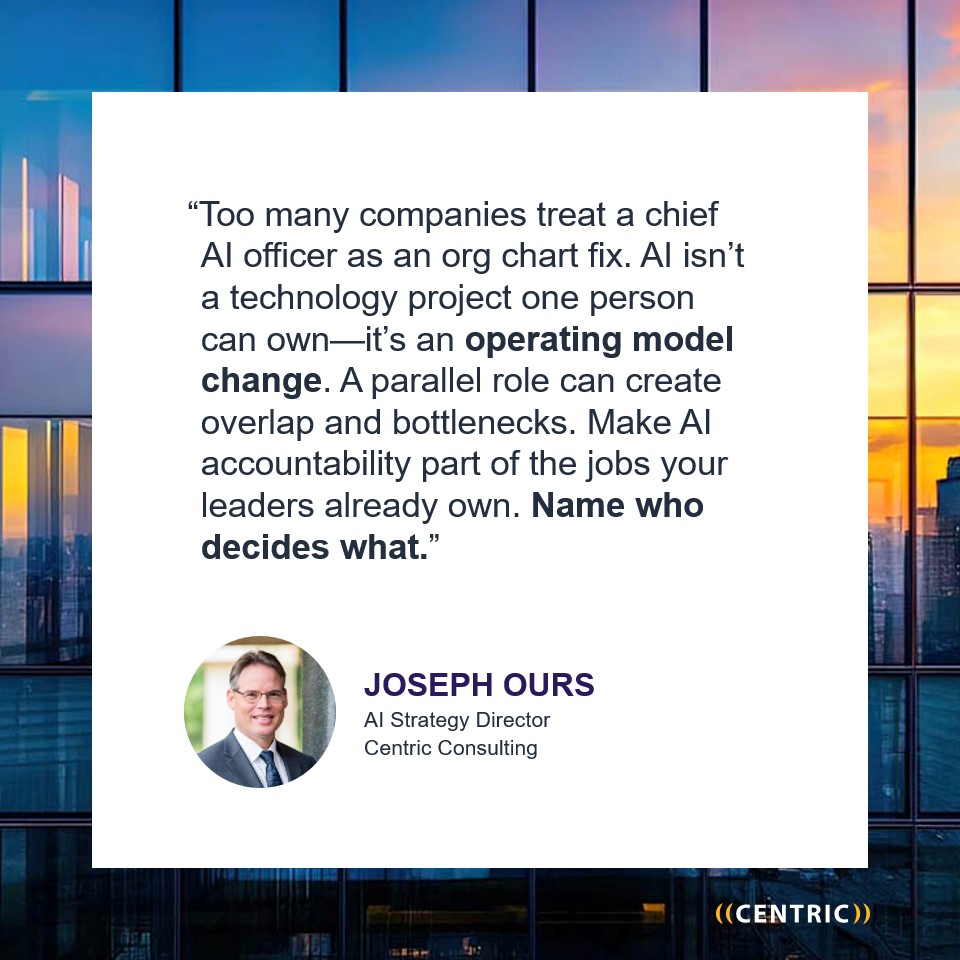 centric's tweet photo. A chief AI officer can bring focus to AI strategy. But lasting progress depends on clear accountability across the leadership team. Joseph Ours shares how organizations can prevent role overlap and clarify who is responsible for key AI decisions: https://t.co/s8YKmbcBLM https://t.co/REYGNMxWLE