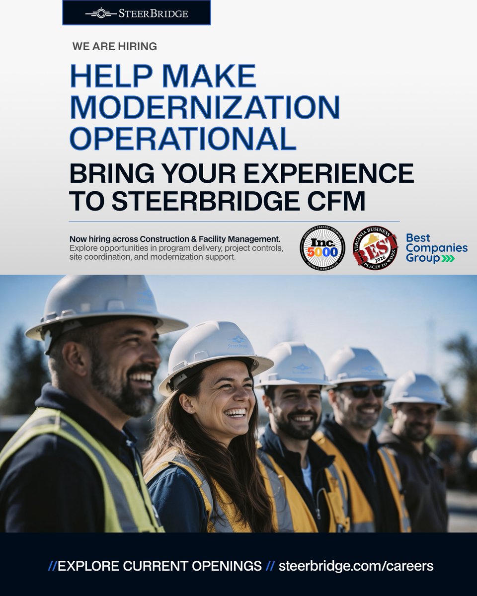 steerbridge's tweet photo. SteerBridge is hiring across Construction &amp; Facility Management.

We’re looking for professionals who can help move complex federal modernization forward through construction, program delivery, project controls, site coordination, and transition.

https://t.co/5s60r0J1ye https://t.co/wFyntzcC2O