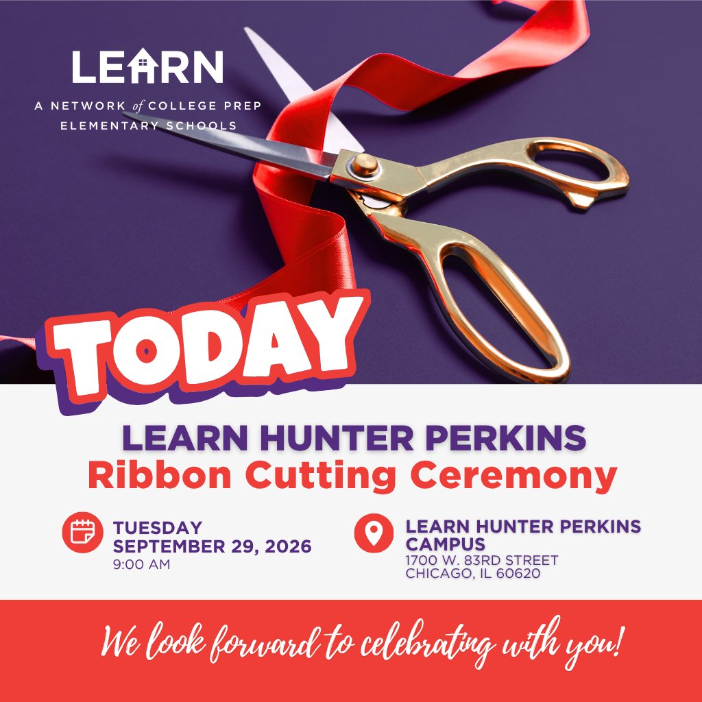 LEARNCharters's tweet photo. 🎀 Today is the day!
We are excited to celebrate the LEARN Hunter Perkins Ribbon Cutting Ceremony and this important milestone for our students, families, and community.

���� LEARN Hunter Perkins Campus
1700 W. 83rd Street
Chicago, IL 60620

#LEARNCharters #LEARNHunterPerkins https://t.co/AvgHu6ePyE