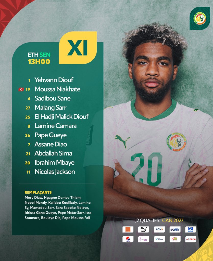 taggatsn's tweet photo. La composition du #Senegal face à l’Ethiopie aujourd’hui ! 

Coup d’envoi 13h GMT https://t.co/C5SE37HdVn