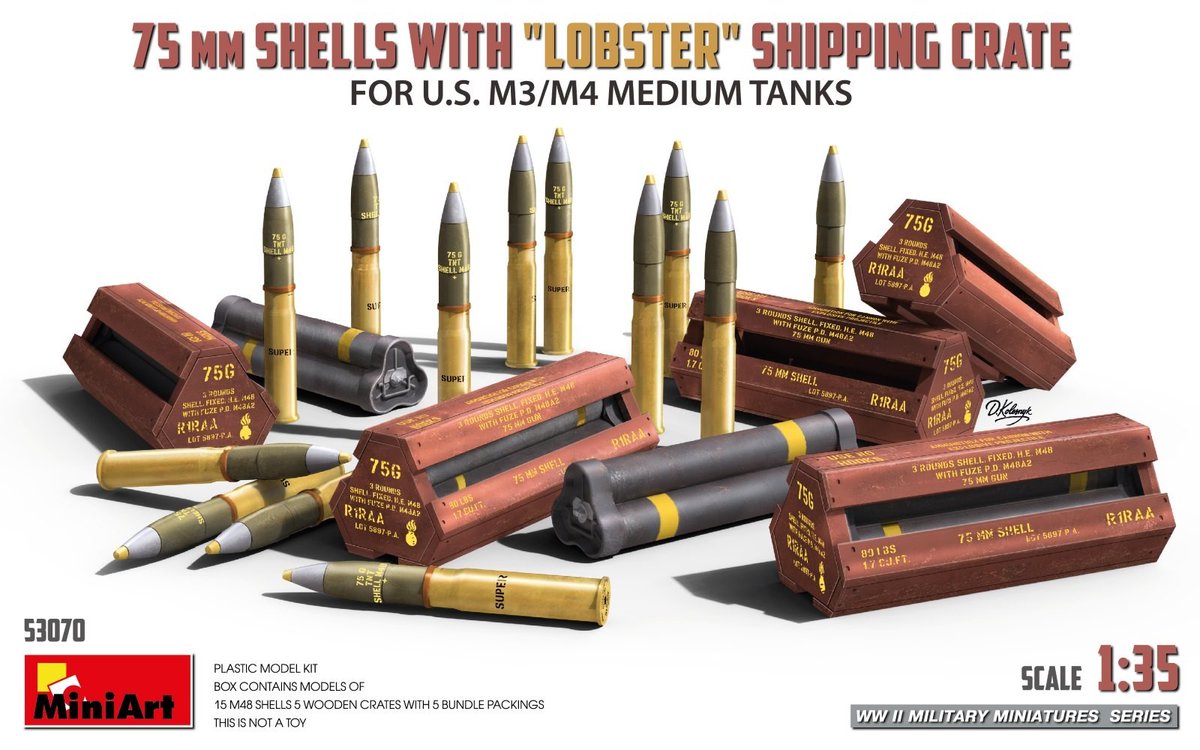 Armorama's tweet photo. MiniArt: 75MM SHELLS WITH "LOBSTER" SHIPPING CRATE FOR U.S. M3/M4 MEDIUM TANKS https://t.co/NmSUQTrG20 https://t.co/BZ8n4mCea7