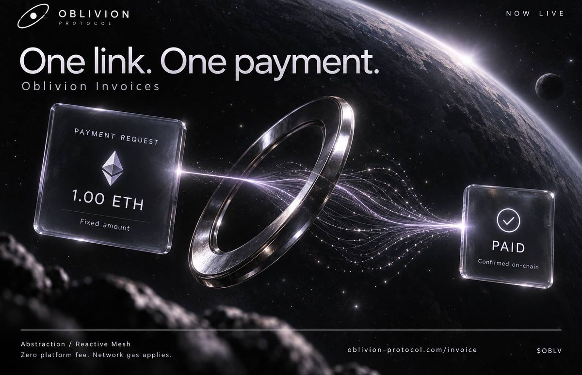 oblivionprtcl's tweet photo. Oblivion Invoices are live.

Create a fixed ETH payment request and share one link. Pay through Abstraction or Reactive Mesh. Once confirmed on-chain, the invoice closes automatically.

Zero platform fee. Network gas applies.

https://t.co/0e84r6Q3UT

$OBLV https://t.co/2Pyhka51j0