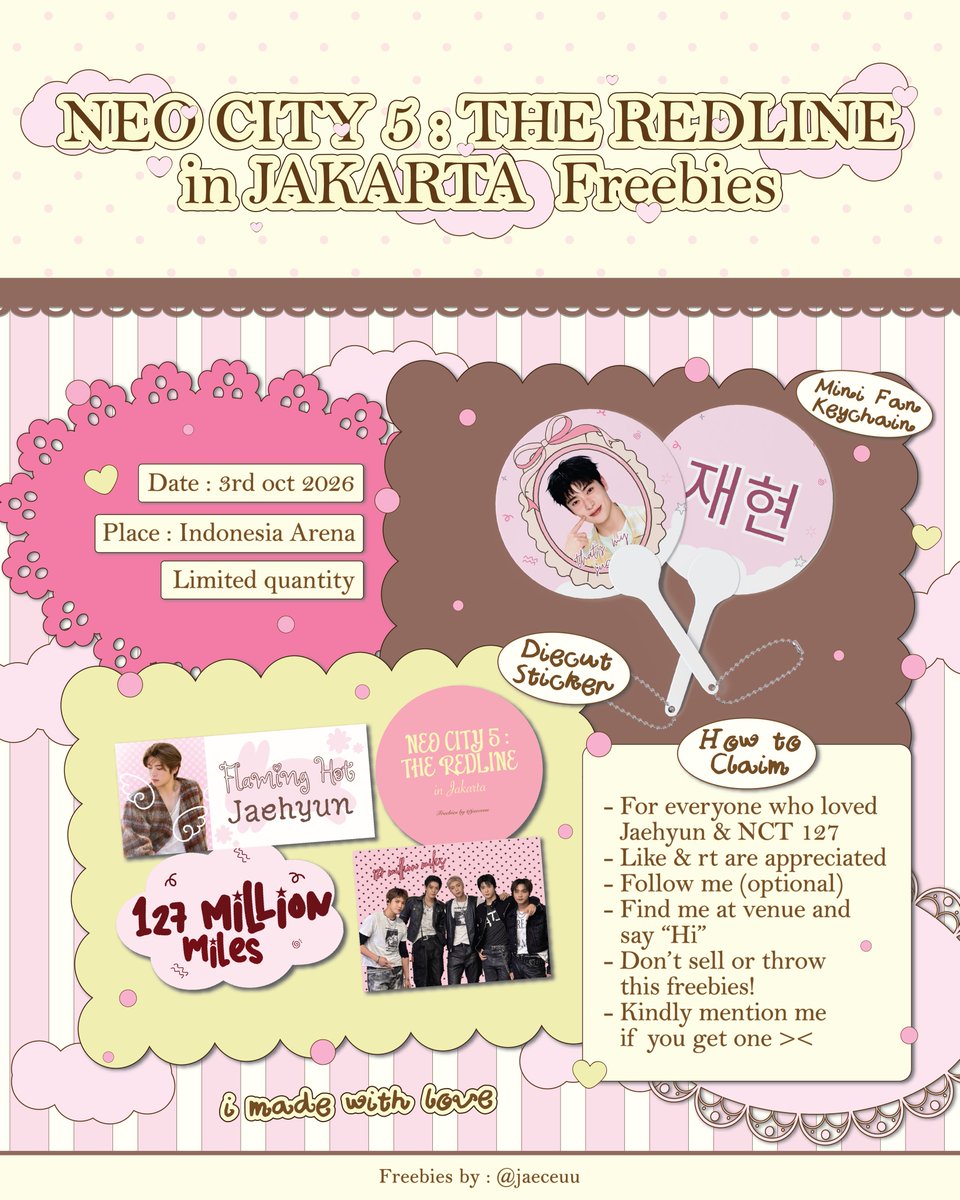 jaeceuu's tweet photo. 𐙚⋆Rt &amp; like are very appreciated♡

🌸 NEO CITY : THE REDLINE IN JAKARTA 💗

@jaeceuu will provide you some freebies! Yeay🙌🏻

🗓: 03 Oktober 2026 
📍: Indonesia Arena 
⏰: Tba

See u di venue! 💅🏻🫶🏻

#NCT127 #THEREDLINEinJAKARTA https://t.co/CI8cmBfR5d