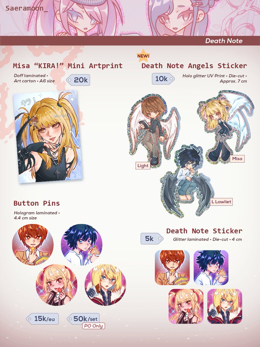 saeramoon_'s tweet photo. 🩵 &amp; 🔁 much appreciated!

Saeramoon #CF23 PO batch 2! ✨🌙

🗓️ 29 Sept - 5 October 2026
🛒 Pickup (both days) &amp; Mail Order
✨ Death Note, NANA, Apothecary Diaries, Genshin/HSR, Resident Evil
✉️ GO DM first

🔗 link below [1/3]
#comifuro23 #cf23catalogue https://t.co/saUHP1MPzm