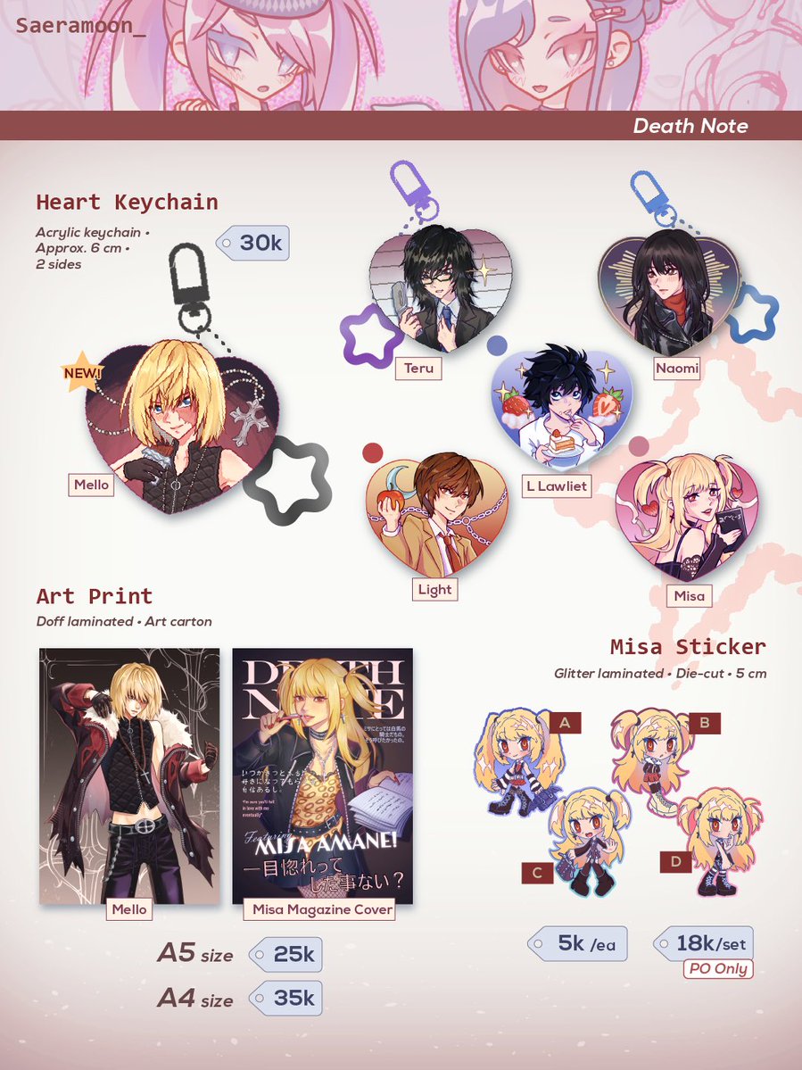 saeramoon_'s tweet photo. 🩵 &amp; 🔁 much appreciated!

Saeramoon #CF23 PO batch 2! ✨🌙

🗓️ 29 Sept - 5 October 2026
🛒 Pickup (both days) &amp; Mail Order
✨ Death Note, NANA, Apothecary Diaries, Genshin/HSR, Resident Evil
✉️ GO DM first

🔗 link below [1/3]
#comifuro23 #cf23catalogue https://t.co/saUHP1MPzm