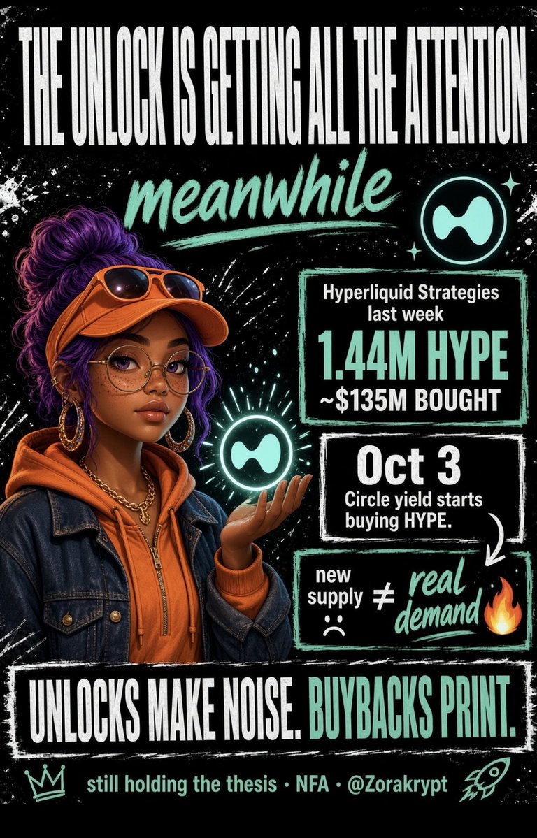 Zorakrypt's tweet photo. The HYPE unlock is getting a lot of attention today, but I actually like what is happening on the other side.

1.44M HYPE worth ~$135M was bought by Hyperliquid Strategies last week.

Then from October 3, revenue from the Circle deal is expected to start funding HYPE buybacks.

So yes, there is new supply coming.
But there is also real demand working against it.

That supply vs. buyback dynamic is exactly why I am still happily holding my HYPE thesis.
NFA.