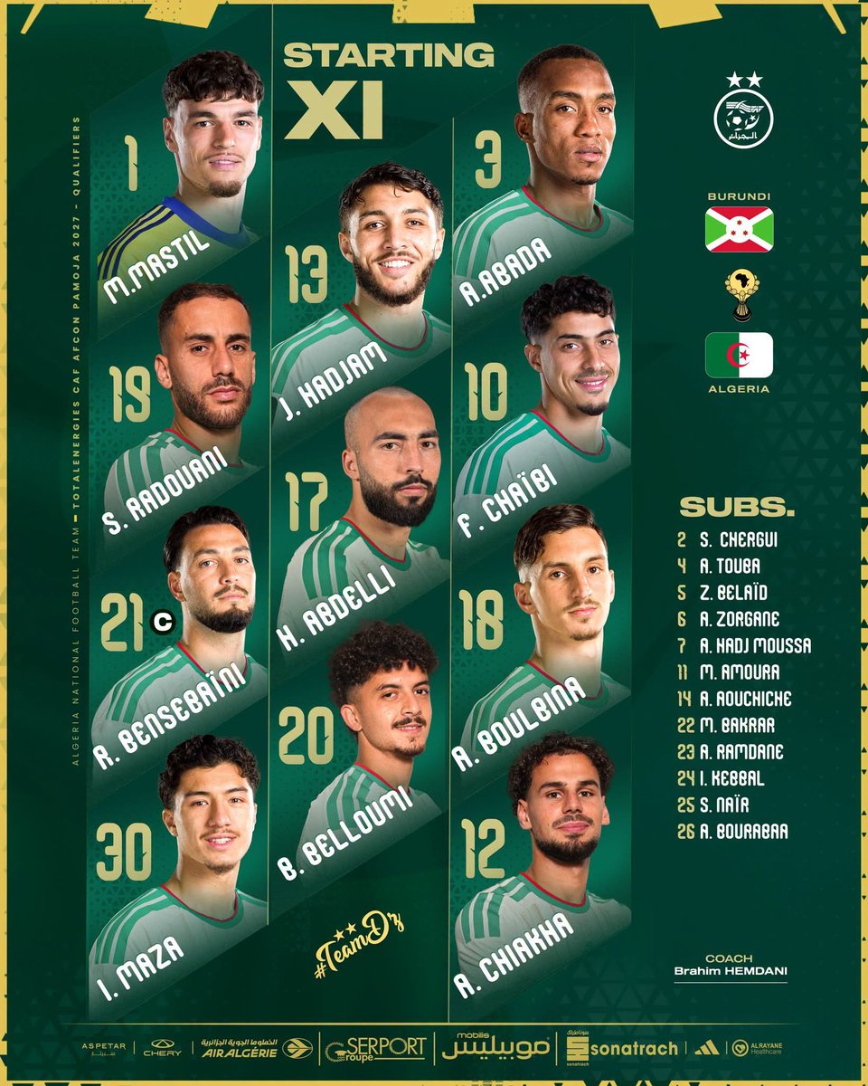 la_vagueverte's tweet photo. 🚨‼️ Le 11 de départ algérien 🇩🇿 face au Burundi ! 

Vos avis ? https://t.co/oB4jcZ8dEN
