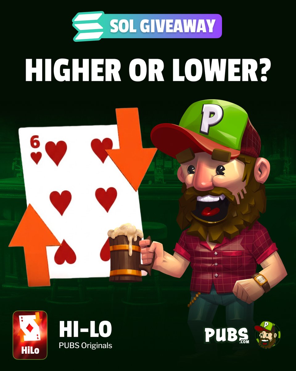 pubscasino's tweet photo. 🚨 SOLANA GIVEAWAY 🚨    

We're giving away 1 $SOL everyday until the end of September! 🔥    

Today's entry:  
Guess if the next card will be higher or lower than a 6 🃏 
Like and repost this post 🔁❤️  
Follow us 👤    

One random winner announced tomorrow! https://t.co/Os0RPAIpZj