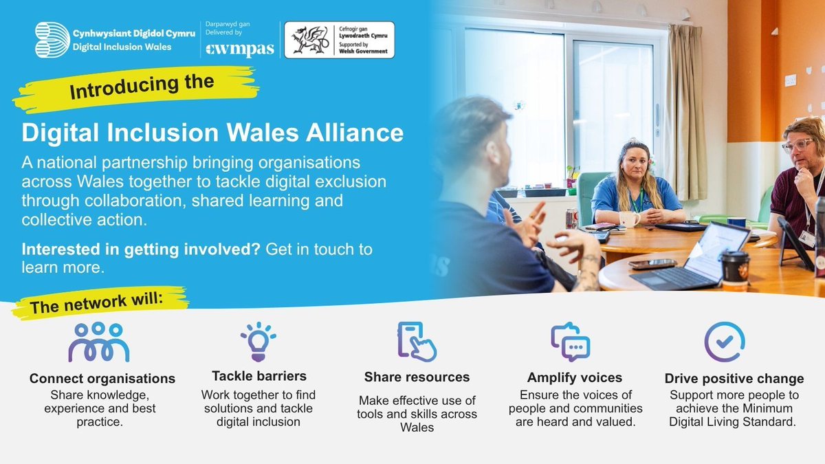 DIWCDC's tweet photo. 🤝 The Digital Inclusion Wales Alliance (DIWA) is a network brings together people across Wales who work to reduce digital exclusion. This includes organisations, businesses, practitioners, and citizens.

Learn more: https://t.co/xWAOa5dDoy https://t.co/UuQ4NJFnS6