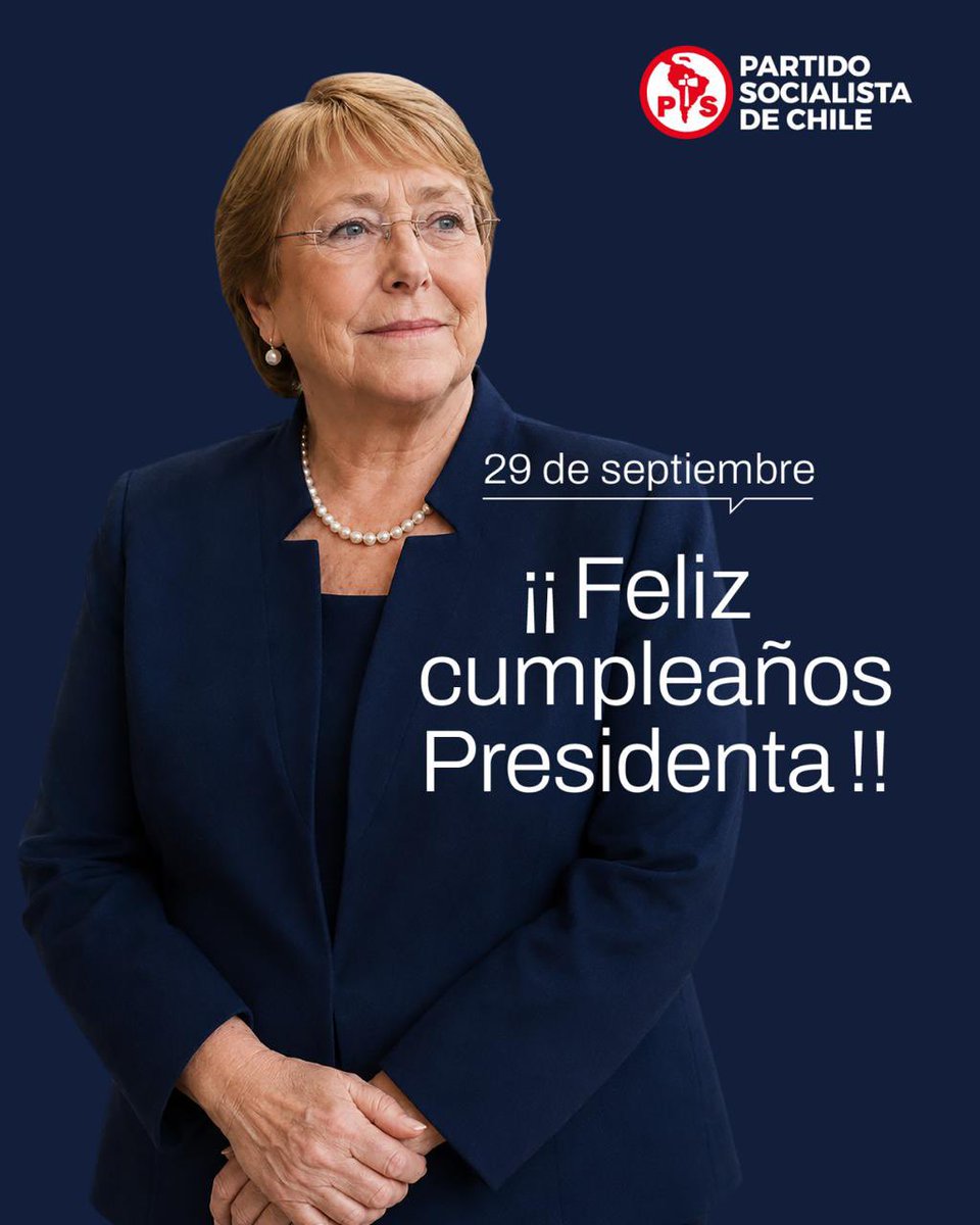 PSChile's tweet photo. Compañera Michelle Bachelet:

Gracias por su compromiso, por su valentía, por su humanidad y por ese ejemplo de vida que inspira a tantas y tantos.
Que los cumpla muy feliz, rodeada del cariño que ha sembrado, y que sean muchísimos más.

¡Feliz cumpleaños, compañera Presidenta! https://t.co/THXv3WiKSJ
