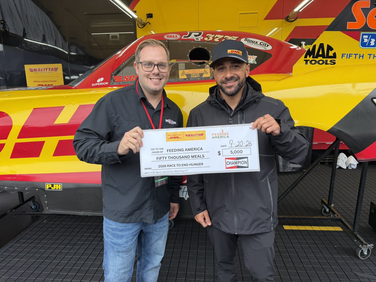 TeamKalitta's tweet photo. The 2026 Race to End Hunger keeps gaining momentum, and Champion is helping lead the way. With a $5,000 donation to Feeding America, Champion is helping provide 50,000 meals to people facing hunger.

We’re carrying that momentum into the next five races. With support from DHL U.S. and Kalitta Air, every Team Kalitta win light will add 40,000 meals to the effort.

You can join us in the fight against hunger by making a donation here:

🔗 https://t.co/DH5wYb95R2