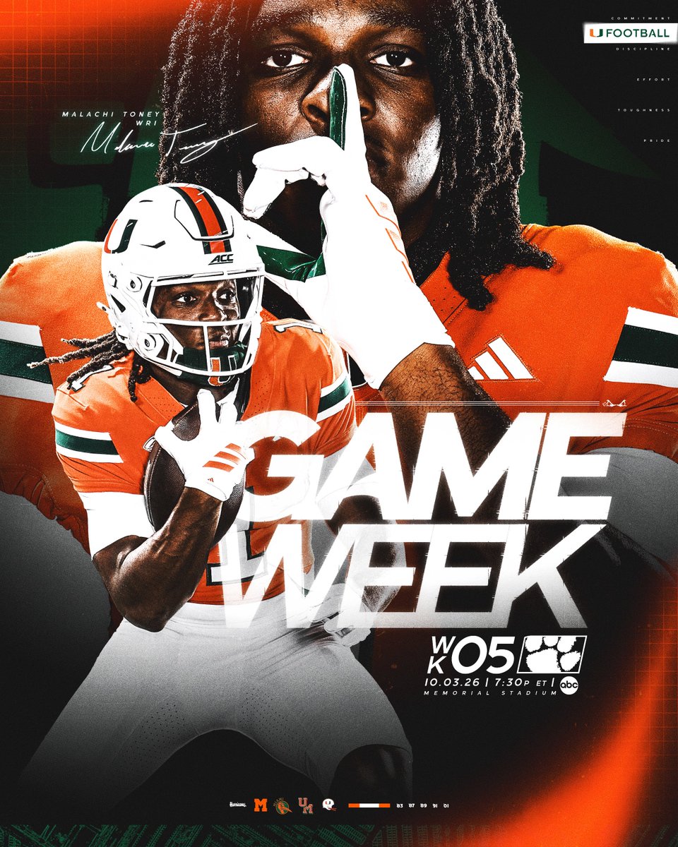 CanesFootball's tweet photo. WEEK 5! 💪

🗓️: October 3rd
🆚: Clemson
📍: Clemson, SC
⏰: 7:30 PM ET
📺: ABC 
📻: @1043wqam https://t.co/9k7Vq3ooxi