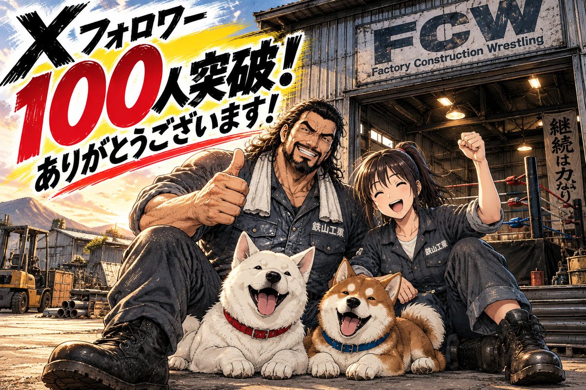 YSfactory0122's tweet photo. 🎉Xフォロワー100人突破!🎉
いつもFCWを見てくださって、本当にありがとうございます!
まだ始まったばかりのFCWですが、100人の応援を力に、これからも鉄山たちの物語を少しずつ形にしていきます。
これからもFCWをよろしくお願いします!
#FCW #プロレス #創作漫画 https://t.co/IdFDvV6Ah2
