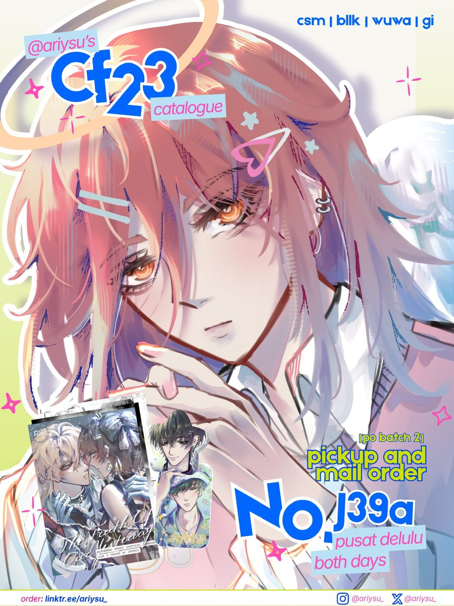 ariysu_'s tweet photo. (🔁 + 🤍 are appreciated!)

Ariysu’s #CF23 PO 2 open ⋆. 𐙚 ̊

✦ Pickup (close early) &amp; Mail Order
✦ 29 Sept - 10 Oct 26
✦ booth: J39a - Pusat Delulu
✦ Blue Lock ; Chainsaw Man ; Wuthering Waves ; Genshin

🌐 GO &amp; int'l OK, please dm❕

🔗 Form ↓
#cf23catalogue #comifuro23 https://t.co/w5uWCvF0rd