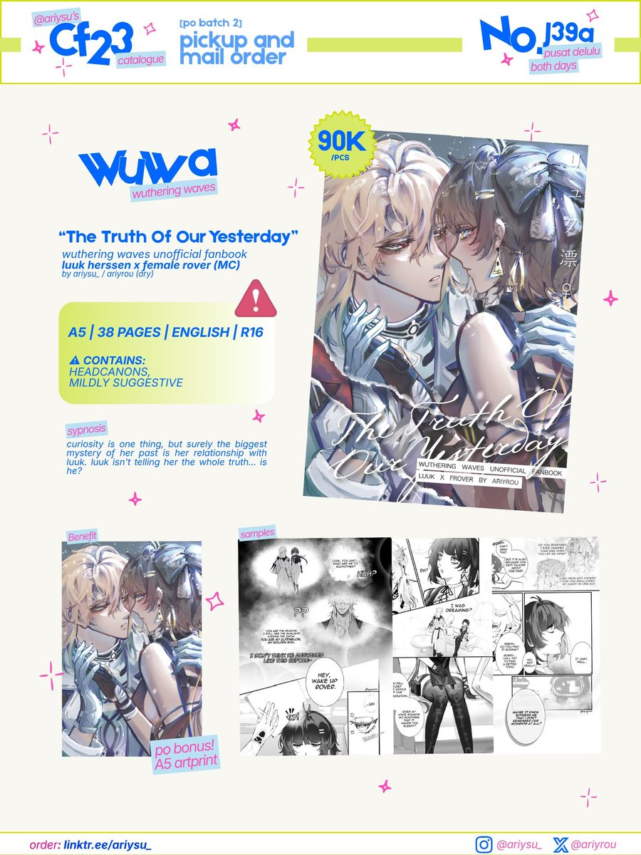 ariysu_'s tweet photo. (🔁 + 🤍 are appreciated!)

Ariysu’s #CF23 PO 2 open ⋆. 𐙚 ̊

✦ Pickup (close early) &amp; Mail Order
✦ 29 Sept - 10 Oct 26
✦ booth: J39a - Pusat Delulu
✦ Blue Lock ; Chainsaw Man ; Wuthering Waves ; Genshin

🌐 GO &amp; int'l OK, please dm❕

🔗 Form ↓
#cf23catalogue #comifuro23 https://t.co/w5uWCvF0rd