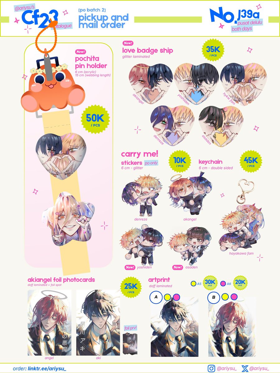 ariysu_'s tweet photo. (🔁 + 🤍 are appreciated!)

Ariysu’s #CF23 PO 2 open ⋆. 𐙚 ̊

✦ Pickup (close early) &amp; Mail Order
✦ 29 Sept - 10 Oct 26
✦ booth: J39a - Pusat Delulu
✦ Blue Lock ; Chainsaw Man ; Wuthering Waves ; Genshin

🌐 GO &amp; int'l OK, please dm❕

🔗 Form ↓
#cf23catalogue #comifuro23 https://t.co/w5uWCvF0rd