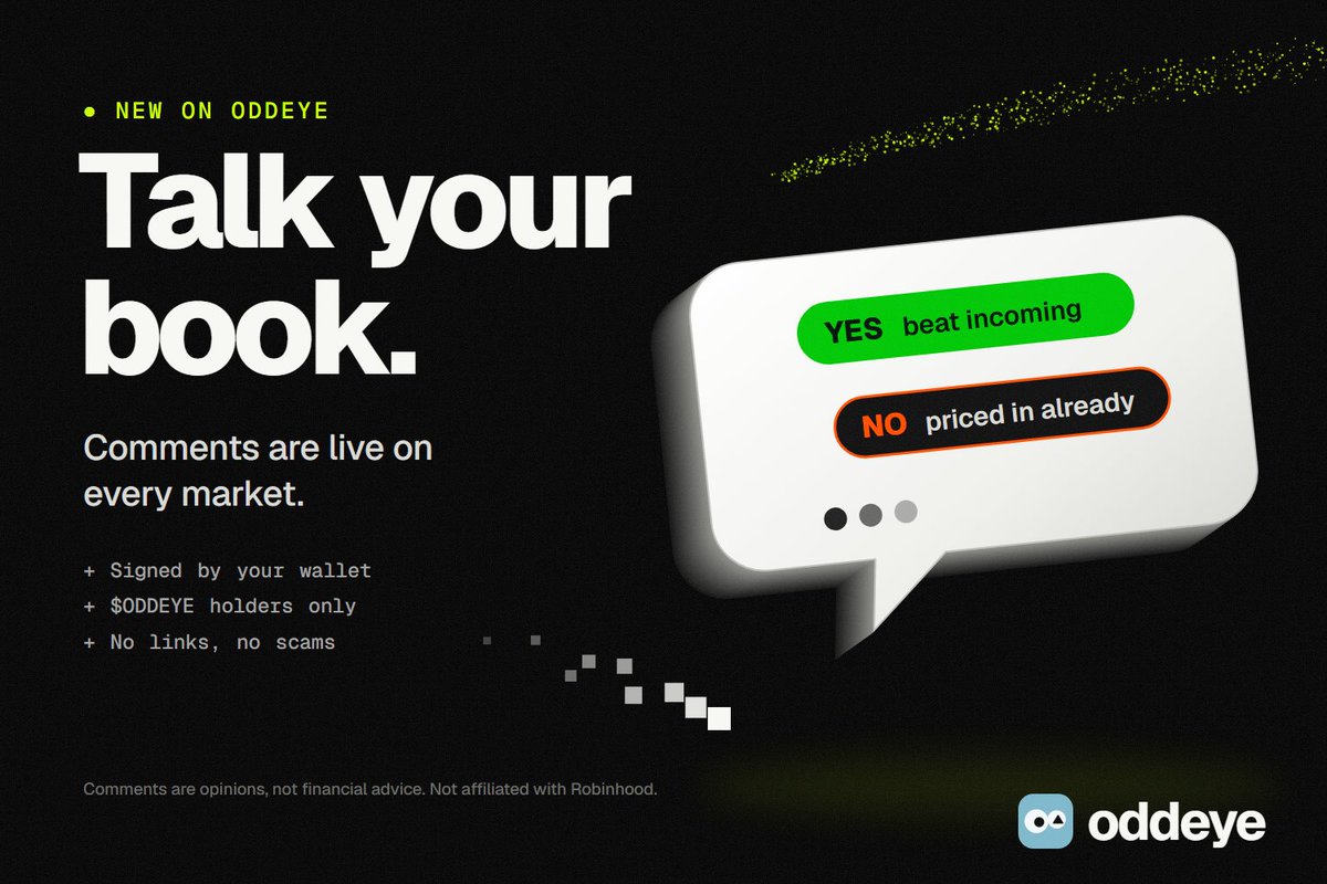 oddeyemarkets's tweet photo. Talk your book 💬

Comments are live on every Oddeye market.

Think the crowd has it wrong? Say why, then bet on it.

→ Every comment is signed by the wallet that posts it, so nobody can impersonate you 
→ Only $ODDEYE holders can post, so no spam 
→ No links allowed, so no "claim your airdrop" scams

https://t.co/QoIyUIGgqT