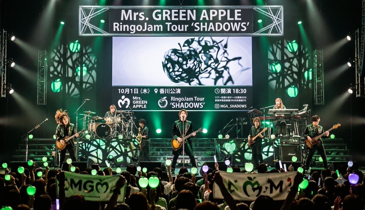 MGAxFamilyinfo's tweet photo. 📢 Mrs. GREEN APPLE Ringo Jam Tour "SHADOWS"  
🗓 2026年10月1日（木）｜香川公演

特別なステージをお楽しみに🍏✨
最新情報は @MGA_Family をフォローしてチェック💚

#MrsGREENAPPLE 
#MGA_SHADOWS 
#RingoJamTour 
#MGAFamily https://t.co/YoLuzkOB7K