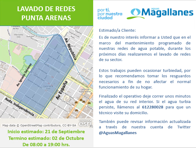 AguasMagallanes's tweet photo. #PuntaArenas, por obras de mejoramiento, desde el 21 de septiembre hasta el 2 de octubre, se realizarán trabajos de lavado de redes desde las 08:00 hrs. hasta las 19:00 hrs. Sector comprendido: Republica a Independencia y de España a Zenteno. https://t.co/0o8RCXT2gE