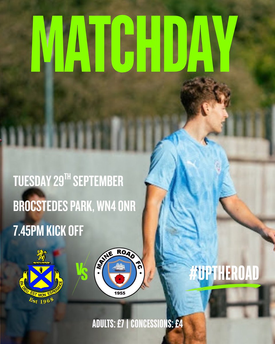 MaineRoadFC's tweet photo. MATCHDAY | Ashton Athletic
We’re back in action tonight! ⚽️
Maine Road head to Brocstedes Park to take on Ashton Athletic in the First Division North.
📍 Brocstedes Park
⏰ 7:45pm Kick-Off
🎟️ Adults: £7
🎟️ Concessions: £4
Up The Road!
#MaineRoadFC #UpTheRoad #NWCFL https://t.co/cWOXiRJ9h0