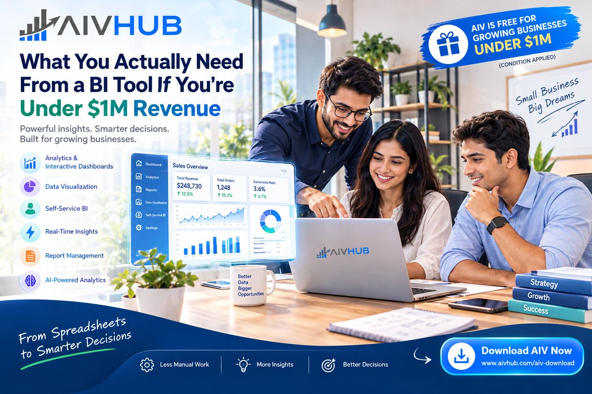 activebi's tweet photo. Under $1M in revenue? Your BI journey doesn’t have to be complicated.
🎁 AIV is FREE for growing businesses under $1M
Conditions apply.
👉 Download AIV: https://t.co/ytENGqFfWM
From spreadsheets to smarter decisions. 🚀
#AIVHUB #AIV #BusinessIntelligence #BI #DataAnalytics https://t.co/0MlqPfLEAO