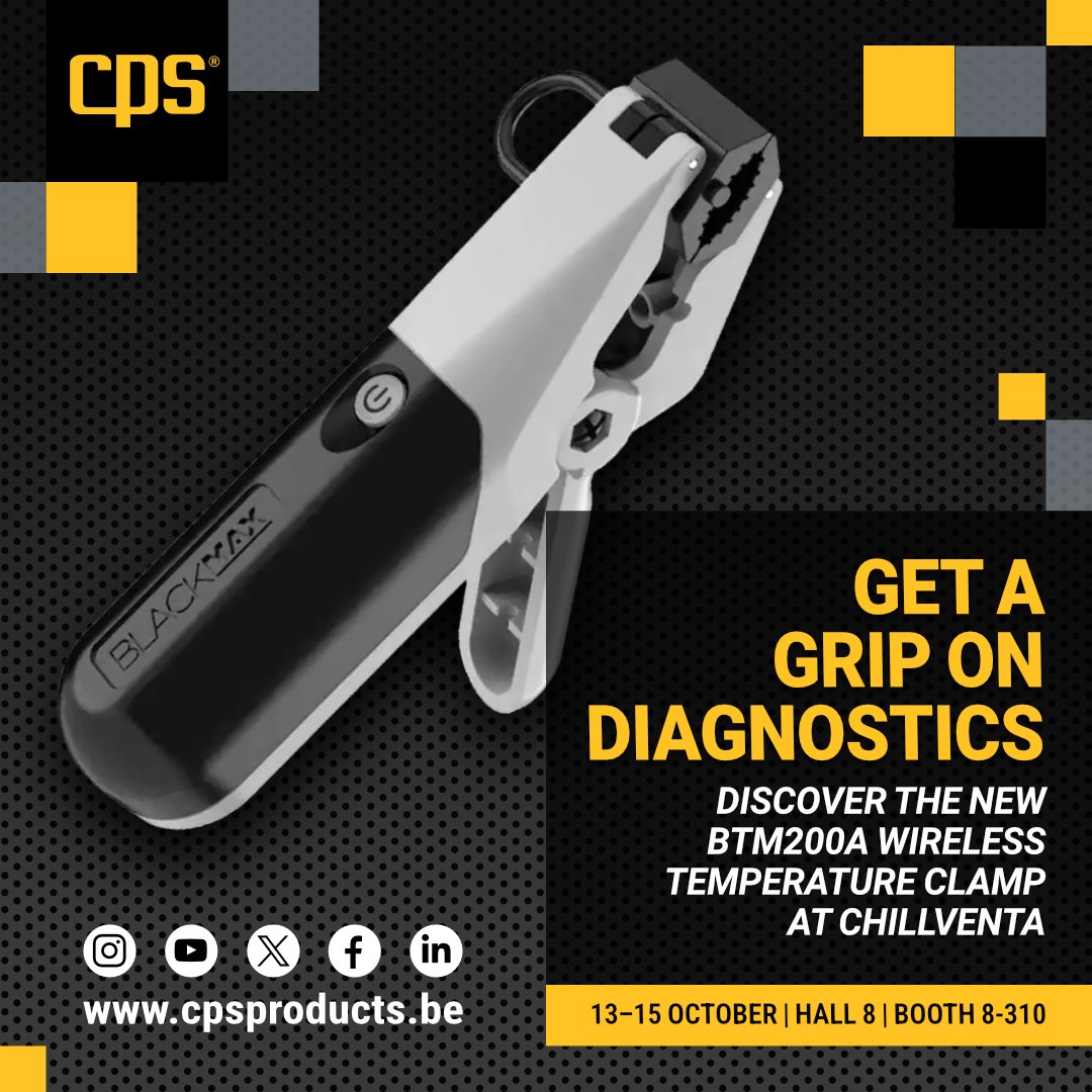 CpsProductsEu's tweet photo. Get a grip on temperature at #Chillventa2026! 🌡️Discover the NEW BlackMax® BTM200A Wireless Temperature Clamp with Line-Assign™ technology at Hall 8, Stand 8-310.
► https://t.co/3qm0xpwqEk
#Chillventa #HVACR #Refrigeration #AirConditioning #HVACTools #HVAC https://t.co/l3lVF6iANj