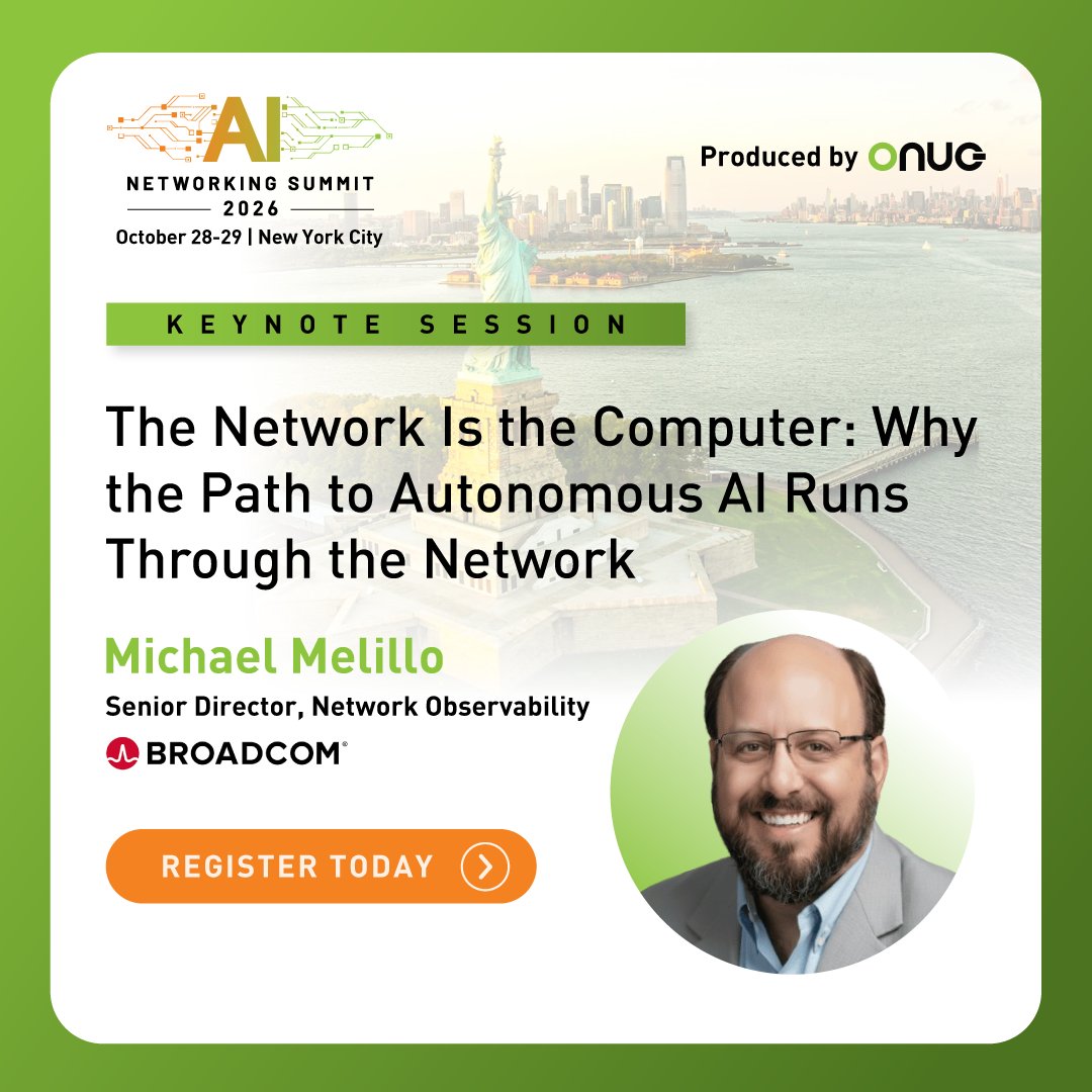 NetOpsByBRCM's tweet photo. AI agents can’t operate what they don’t understand. At @ONUG Fall 2026, Broadcom’s Michael Melillo explores why network-centric observability is foundational to autonomous AI. #ONUGFall2026 https://t.co/qDsHqKLhOn https://t.co/DwiYAsa4Ws