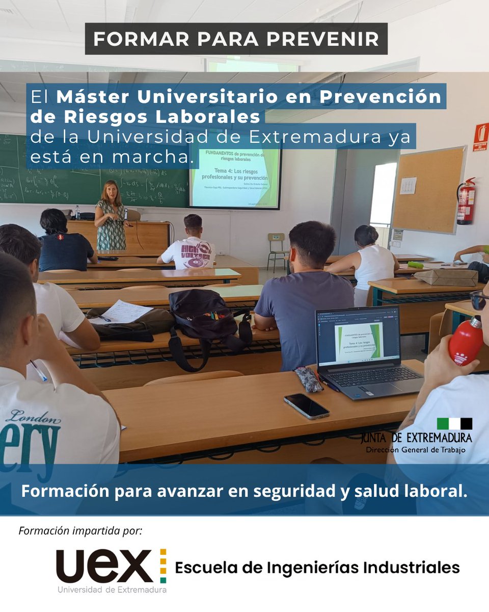 siprevex's tweet photo. 🎓 El 𝗠á𝘀𝘁𝗲𝗿 𝗨𝗻𝗶𝘃𝗲𝗿𝘀𝗶𝘁𝗮𝗿𝗶𝗼 𝗲𝗻 𝗣𝗿𝗲𝘃𝗲𝗻𝗰𝗶ó𝗻 𝗱𝗲 𝗥𝗶𝗲𝘀𝗴𝗼𝘀 𝗟𝗮𝗯𝗼𝗿𝗮𝗹𝗲𝘀 de la @infouex ya está en marcha.

Desde la Dirección General de Trabajo ponemos en valor esta iniciativa que contribuye a seguir avanzando en #PrevenciónRiesgosLaborales https://t.co/36GnXxusw5