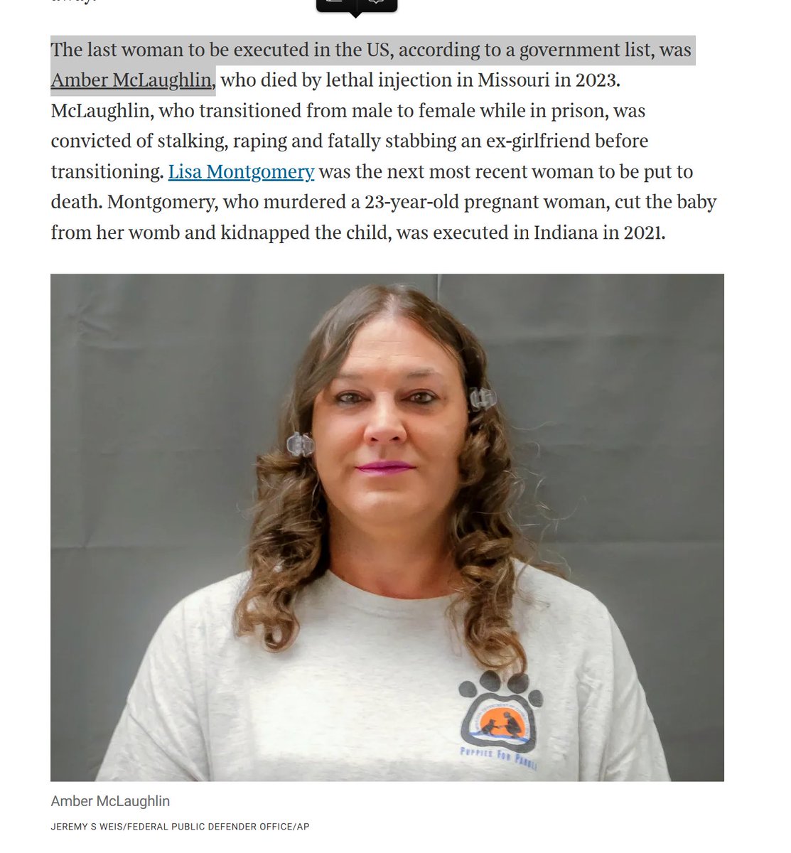 wesyang's tweet photo. Scott McLaughlin stalked, raped and stabbed his ex-girlfriend to death. He was executed by the state of Missouri in 2023. He was not a woman. He was a man. He was a man when he stalked, raped, and murdered his ex-girlfried. He was a man while waiting on death row for his execution. 

The Times of London calls him a woman because he began calling himself a woman named Amber while he was in prison. But calling yourself a woman when you are a man does not make you woman. A man who calls himself a woman remains a man who calls himself a woman. 

The state of Missouri kept him housed in a men's maximum security prison while awaiting his execution. They allowed him to start taking estrogen in prison because of a successful lawsuit by another male prisoner demanding the right to take estrogen in prison. Taking estrogen did not make Scott McLaughlin a woman. A man who injects himself with estrogen remains a man.

If Scott McLaughlin had never stalked, raped, and murdered his ex-girlfriend, if he had declared himself to be a woman while being a duly employed citizen in good standing and not while a death row inmate, he would still have been a man. Scott McLaughlin was not a woman because he was an adult human male. Because he was an adult human male, he was a man. A man is an adult human male. All adult human males are men. No adult human males are women.