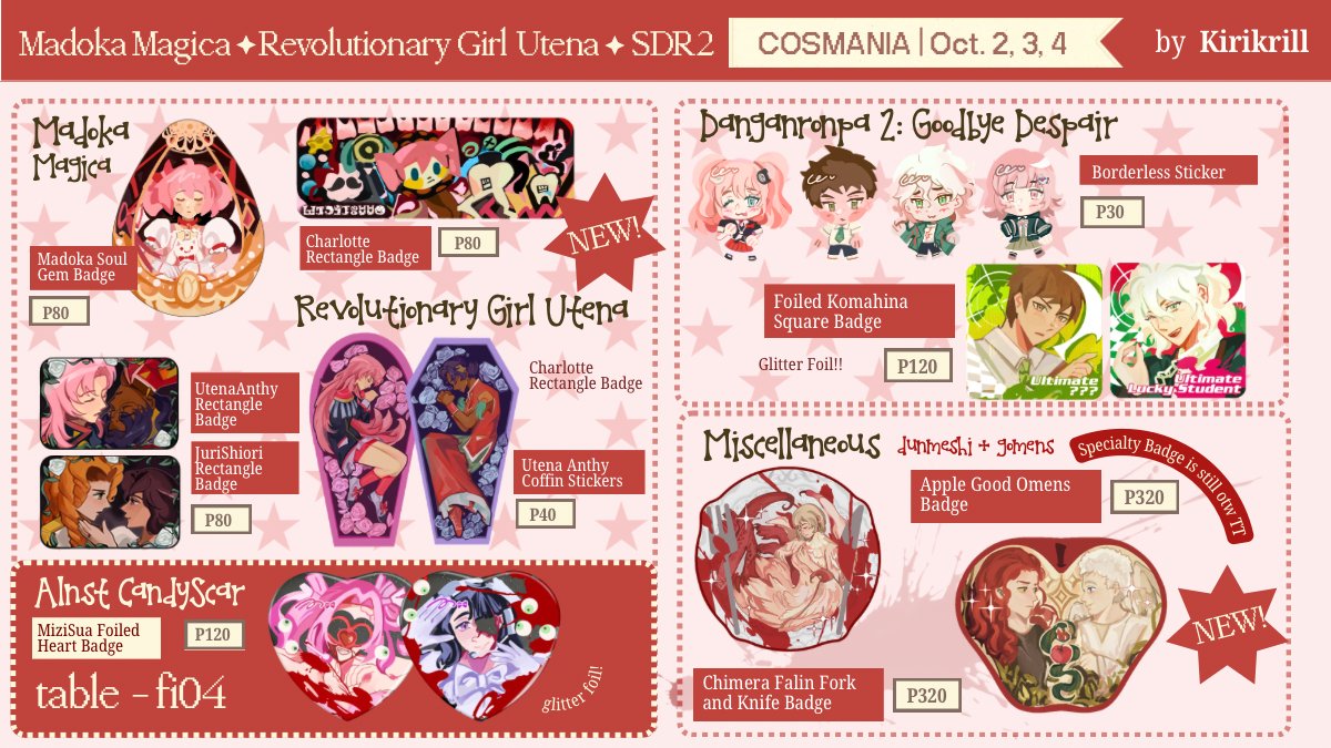 kirikrill's tweet photo. RTs appreciated! 𓆝 𓆟 𓆞

𓇼 ⋆｡˚ 𓆝⋆｡˚ 𓇼
haii here's my catalog for cosmania this oct. 2-4 @ table FI04 ( ≧∀≦)ノw @/kiriprawn

pre-orders are now open
🌊 ⋆｡ dms open for reserves/pickups :3
🐟 ⋆｡ goodbye lara, the lovers, madoka, deltarune, mcyt ><

#cosmania2026 https://t.co/XEllsVkNQl