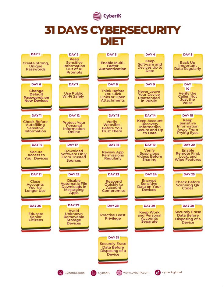 ireteeh's tweet photo. Throughout the month of October, I will be engaging in a 31 days Cybersecurity Diet as part of my contribution to the conversations regarding Cybersecurity Awareness. 

Each day, I will post a basic Cybersecurity topic, share few tips and ask a question. I want to encourage everyone doing Cybersecurity to join me by using the Cybersecurity diet to also educate people about basic Cybersecurity awareness. Let’s continue to spread the word and support the ecosystem to reduce Cybersecurity breaches 💪