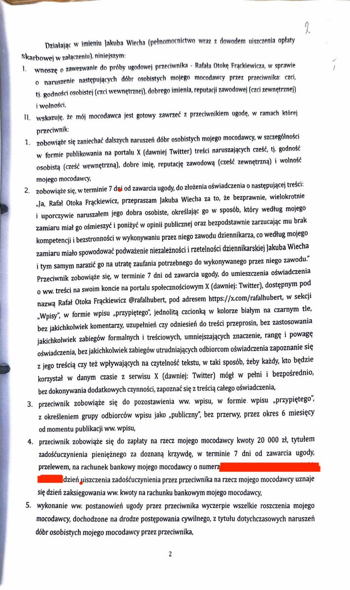 rafalhubert's tweet photo. Sami zobaczcie za co pan @jakubwiech chce ode mnie 20000 pln. 

Dodam, że sporo osób dało i daje się zastraszyć za o wiele mniej absurdalne zarzuty, bo bały się je publikować. 

I takimi sprawami zawalone są nasze sądy. 

Dziś kiedy w czytelni zasugerowałem, żeby srogo karać za takie pozwy pani w okienku zaśmiała się i rzuciła: daj Boże, tego jest cała masa. Bo co zostaje po wyroku skazującym? 

Opublokowane w internecie przeprosiny którymi nacierają się osoby pokroju pana Wiecha i ich Zosie, a aktów oskarżenia nikt nie zna. 

Dodajmy, że wraz z wyrokiem idą kary finansowe, a sam proces kosztuje krocie*, o czym pan Wiech i jego Zosia wiedzą doskonale, atakując ludzi których nie stać na obronę przed znanym z mediów lobbystą za którym stoją inne znane i popierające go postacie typu @RozekTom.

Podczas procesu karnego, który wciąż trwa zgodziłem się na przeprosiny pod warunkiem, że wraz z przeprosinami opublikuje wszystkie zarzuty, co je wszystkie ośmieszy.

Pan Wiech nie przystał na taki pomysł. 

Teraz już wiecie dlaczego. :)

* Dzienx 4 pani @Firarafaa i jej załogi za wsparcie.

Na osobistą proźbę pana Jakuba Wiecha i pani Zosi  wpis ten przypinam do mojego profilu.