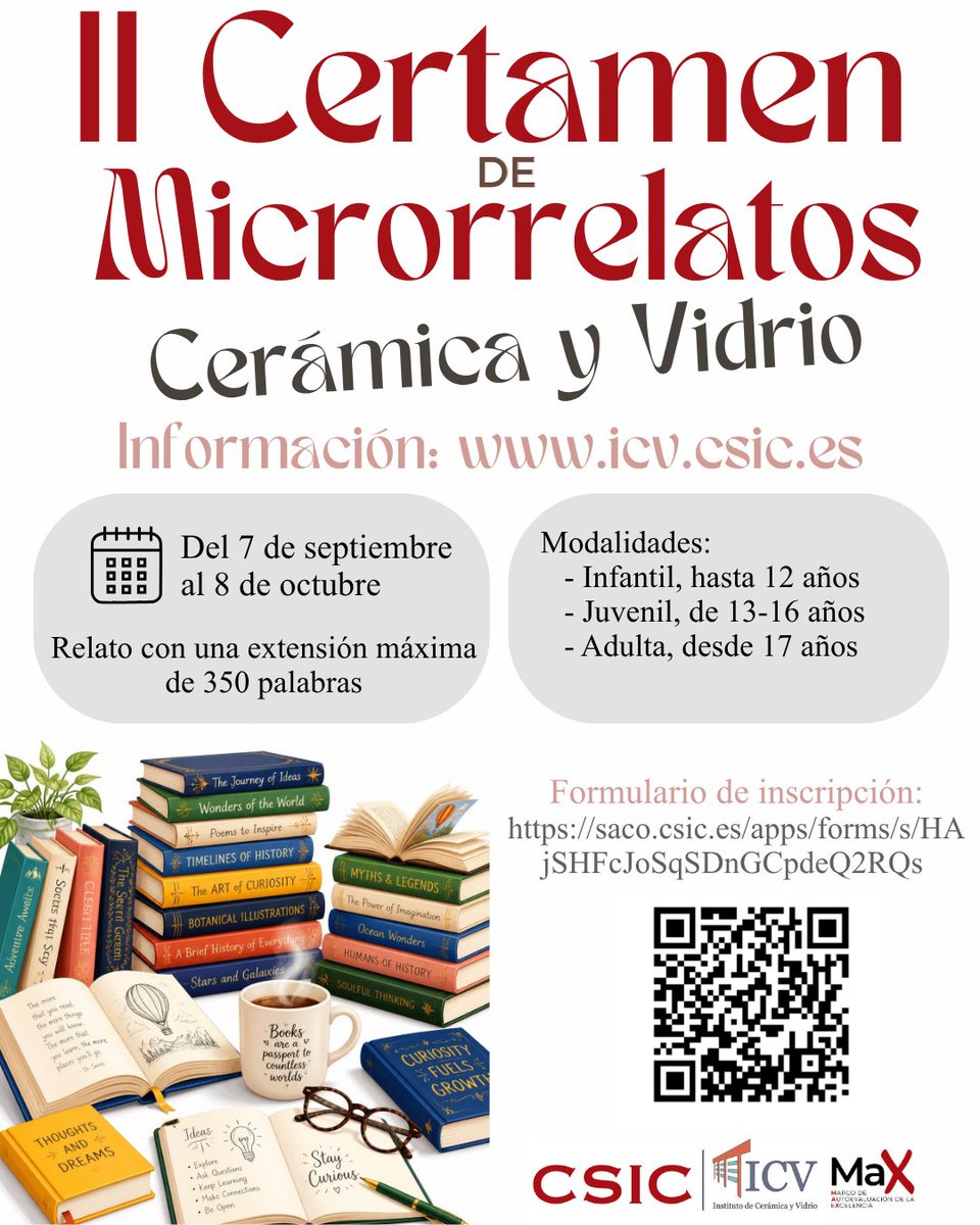 icvcsic's tweet photo. 📚✍️ ¡Buscamos jóvenes escritores y escritoras!

Sigue abierto el plazo del II Certamen de Microrrelatos de Cerámica y Vidrio del @icvcsic .
👧 Infantil 
🧑 Juvenil 
📅 Hasta el 8 de octubre

¡Anima a participar a estudiantes, hijos, hijas y jóvenes escritores!
#microrrelatos https://t.co/xwsJt8Zegq