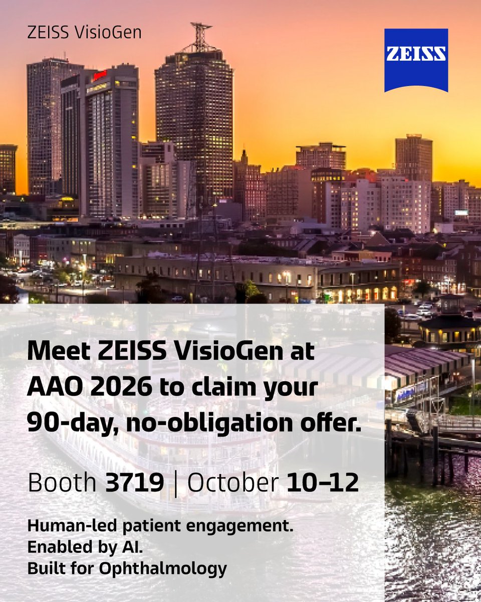 ZEISSVisioGen's tweet photo. In AAO 2026, let’s talk patient engagement.

Meet ZEISS VisioGen at Booth 3719 and learn how human-led engagement, enabled by AI, can help your practice capture more patient opportunities.
🎯 90-day, no-obligation offer
📍 Booth 3719 | Oct 10–12

Book a demo: https://t.co/Dc4t27Ez6D

#ZEISSVisioGen #Ophthalmology #PracticeGrowth #HealthcareAI #AAO2026 #AAO #AI #EyeHealth

*Not all products/services are available in all countries.