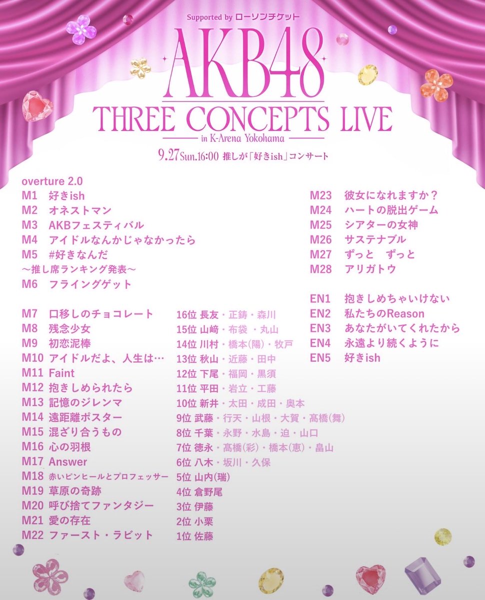 TKyechi's tweet photo. セトリも記録しておこう。
好きな曲ばかりだったけど、特にM11〜M17はベスト���オブ・ベスト。
「混ざり合うもの」やってくれるとは想像してなかったな。ミネルヴァ公演以来だね。
また坂道AKBで曲を出さないかな。もちろん、あ���ちゃんセンターで。 https://t.co/uNhM6zfSC8