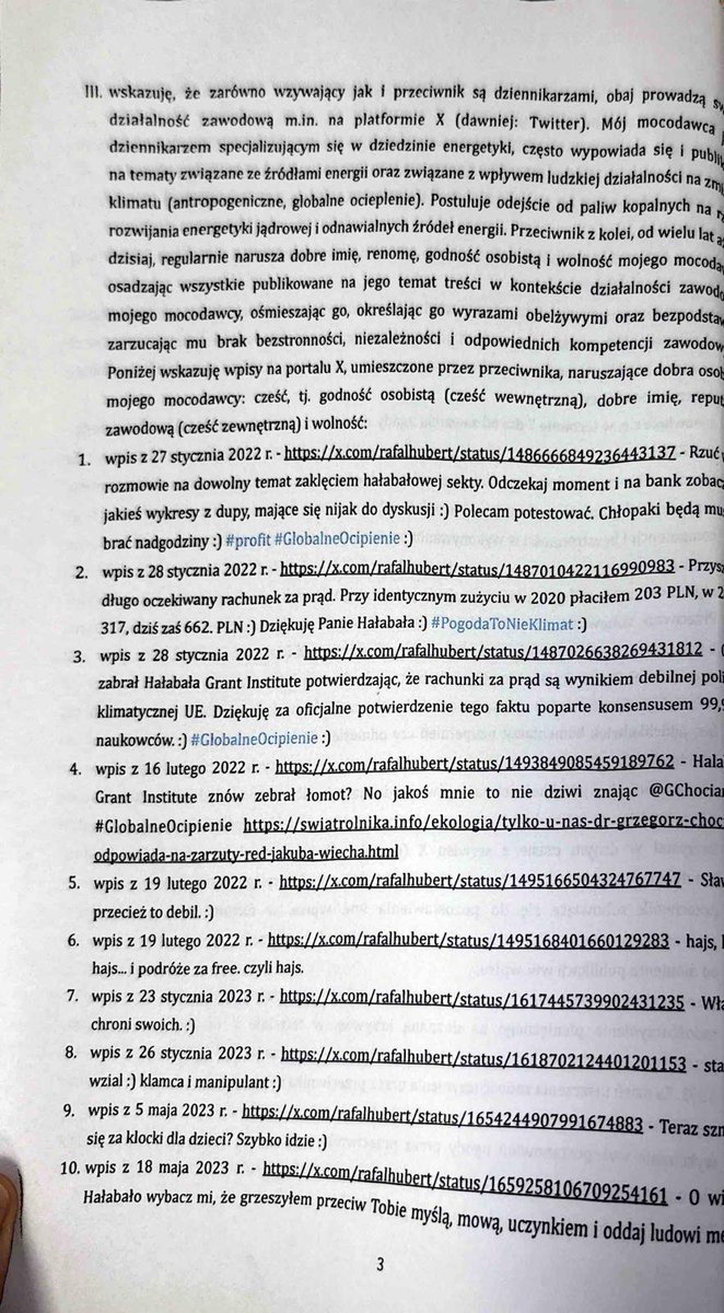 rafalhubert's tweet photo. Sami zobaczcie za co pan @jakubwiech chce ode mnie 20000 pln. 

Dodam, że sporo osób dało i daje się zastraszyć za o wiele mniej absurdalne zarzuty, bo bały się je publikować. 

I takimi sprawami zawalone są nasze sądy. 

Dziś kiedy w czytelni zasugerowałem, żeby srogo karać za takie pozwy pani w okienku zaśmiała się i rzuciła: daj Boże, tego jest cała masa. Bo co zostaje po wyroku skazującym? 

Opublokowane w internecie przeprosiny którymi nacierają się osoby pokroju pana Wiecha i ich Zosie, a aktów oskarżenia nikt nie zna. 

Dodajmy, że wraz z wyrokiem idą kary finansowe, a sam proces kosztuje krocie*, o czym pan Wiech i jego Zosia wiedzą doskonale, atakując ludzi których nie stać na obronę przed znanym z mediów lobbystą za którym stoją inne znane i popierające go postacie typu @RozekTom.

Podczas procesu karnego, który wciąż trwa zgodziłem się na przeprosiny pod warunkiem, że wraz z przeprosinami opublikuje wszystkie zarzuty, co je wszystkie ośmieszy.

Pan Wiech nie przystał na taki pomysł. 

Teraz już wiecie dlaczego. :)

* Dzienx 4 pani @Firarafaa i jej załogi za wsparcie.

Na osobistą proźbę pana Jakuba Wiecha i pani Zosi  wpis ten przypinam do mojego profilu.