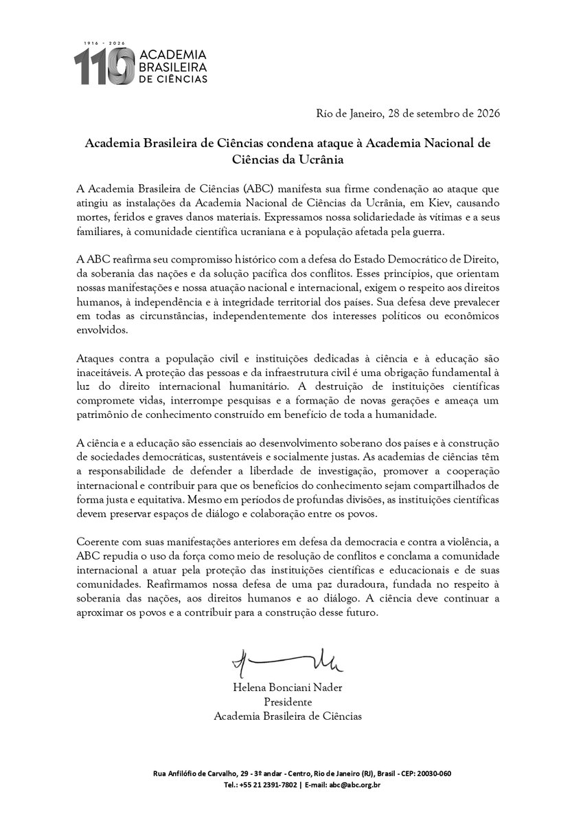 Embaixada_Kyiv's tweet photo. The Brazilian Academy of Sciences condemned the attack on the National Academy of Sciences of Ukraine in Kyiv and expressed solidarity with the victims and the Ukrainian scientific community, stressing the need to protect scientific and educational institutions. https://t.co/uzxE8SeJyF