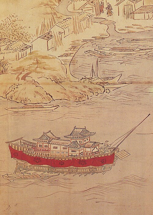 taketak39460607's tweet photo. 文禄の役の際に豊臣秀吉公の命で九鬼嘉隆公が建造した大安宅船『日本丸』かな…？

下図は『肥前名護屋城図屏風』に描かれている大安宅船 https://t.co/6FnxSef0yb