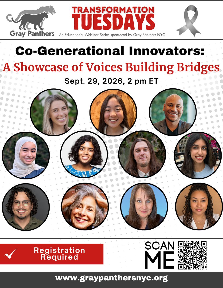 GrayPanthersNY's tweet photo. ⏰ Last chance to register! TODAY, 2pm ET, join us for "Co-Generational Innovators: A Showcase of Voices Building Bridges." 👉 

#TransformationTuesday #IntergenerationalAction #AgeJustice #GrayPanthersNYC #CoGenerate https://t.co/oa3MiLLUWf