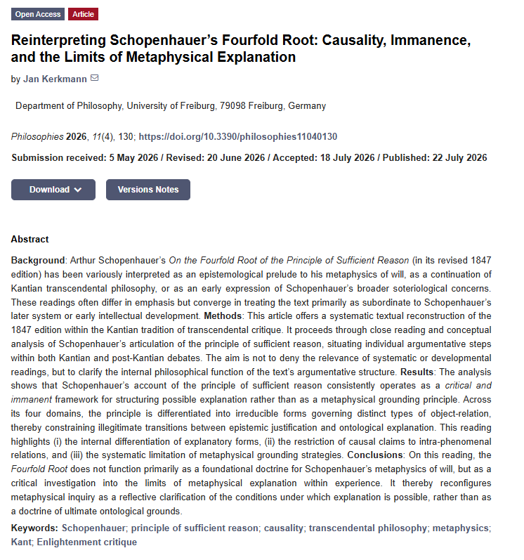 Phil_MDPI's tweet photo. 📢Call for Reading: "Reinterpreting Schopenhauer’s Fourfold Root: Causality, Immanence, and the Limits of Metaphysical Explanation"
🔗Full Text: https://t.co/02J9FF8Hi0
#Schopenhauer #causality #transcendental_philosophy #metaphysics #Kant https://t.co/kir5nmWAzg