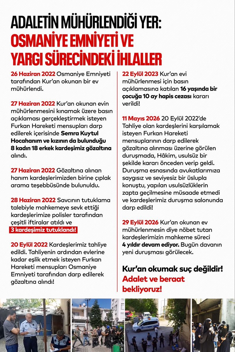 FurkanSesi_42's tweet photo. ADALETİN MÜHÜRLENDİĞİ YER:

OSMANİYE EMNİYETİ VE YARGI SÜRECİNDEKİ İHLALLER

#28ŞubatHortladı
#OsmaniyeAdliyesi
#KuranOkumakSuçMu https://t.co/58E9Jmb26a