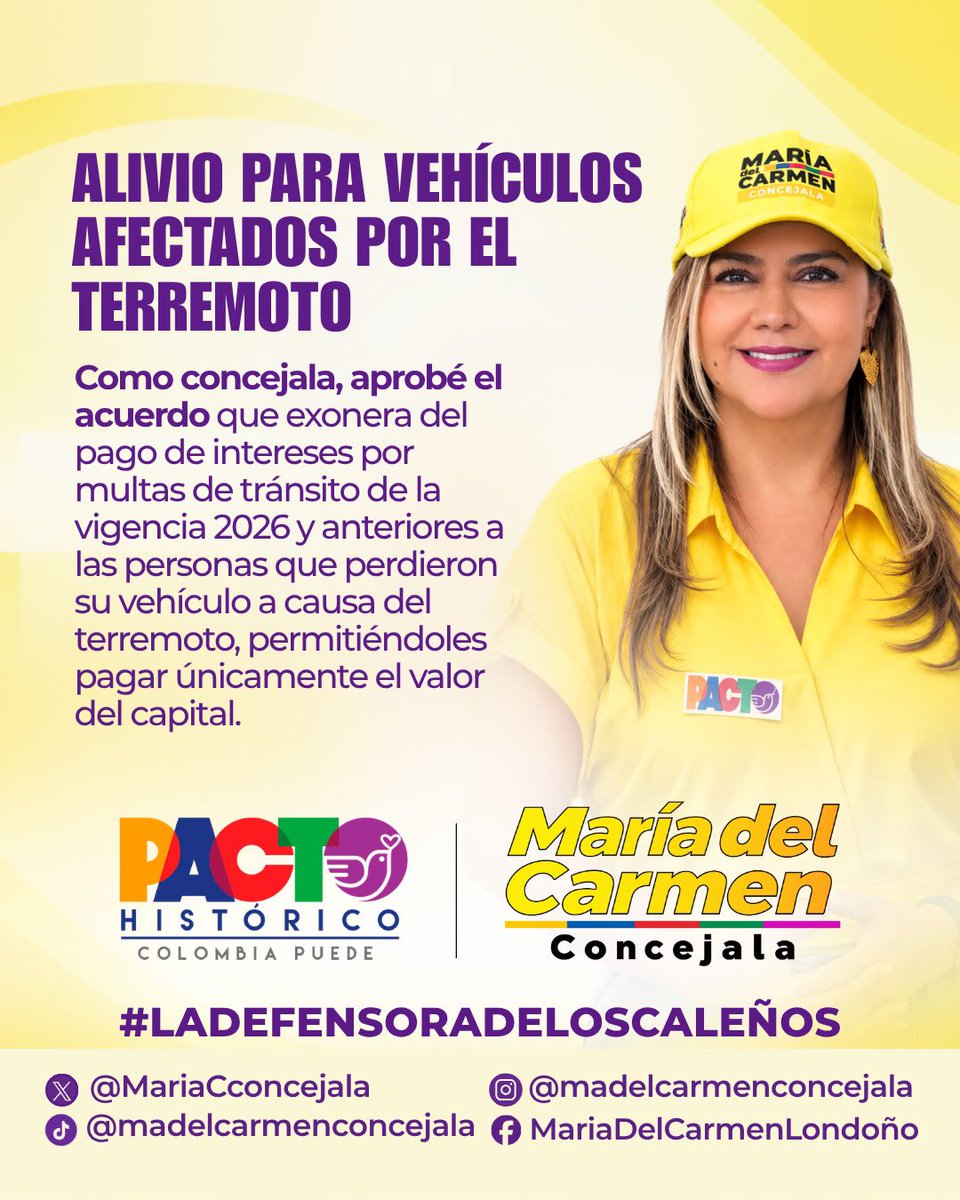 Mariatedefiende's tweet photo. ‼️Una deuda menos en qué pensar, caleños! exoneramos los intereses por multas de tránsito para quienes perdieron su vehículo en el terremoto. Seguimos trabajando por la economía y el bienestar de las familias caleñas. 

#ladefensoradeloscaleños 
#pactohistórico 
#somoselcambio 
#calicolombia