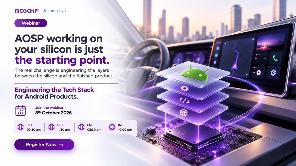 MosChipTech's tweet photo. What happened when AOSP just running on your Silicon, but product still pending to get ready?
Let's see how Android engineering starts off.
Register for the webinar to know more: https://t.co/jGXgFvnqSE
#Android #AndroidEngineering #AndroidDevelopment #EmbeddedAndroid https://t.co/2Hr3D9WLFv