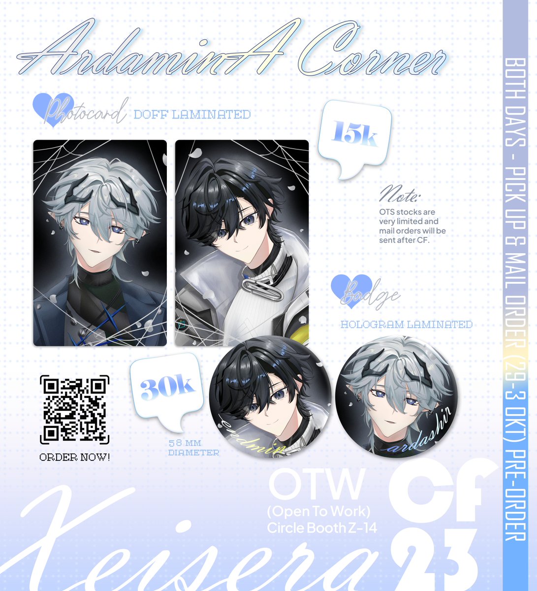 xeisera_'s tweet photo. [🤍+🔁 is much appreciated!]
My #CF23 PO is finally 𝗢𝗣𝗘𝗡!

Pick up &amp; Mail Order
📍Both days, OTW (Open To Work) @ Z-14
📅29 Sep - 3 Oct. 2026
🔗 PO form below

❖ Genshin Impact, Arknights: Endfield
(chilumi, sandbina, ardaminA)
#cf23catalogue #comifuro23 https://t.co/0czXBtusbD