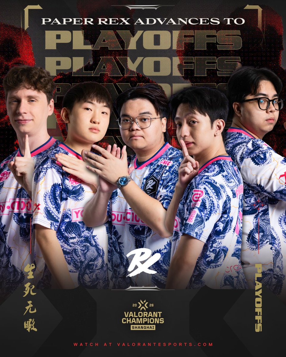ValorantEsports's tweet photo. Was there ever a doubt.

@pprxteam claims the first Playoffs spot at #VALORANTChampions Shanghai! https://t.co/Hfvkh5MWGX