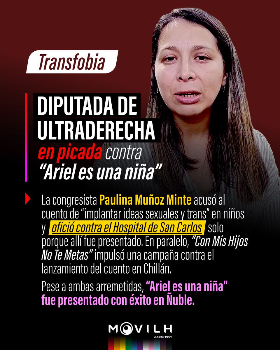 Movilh's tweet photo. Diputada Muñoz Minte presentó un oficio contra la presentación de "Ariel es una Niña" en el Hospital de San Carlos. Y el movimiento "Con Mis Hijos No Te metas" intentó torpedear el lanzamiento en Chillán.

Y perdieron. Lanzamiento en Ñuble fue exitoso: 😘https://t.co/geRwuxR2l5 https://t.co/A9SfJXaYkk