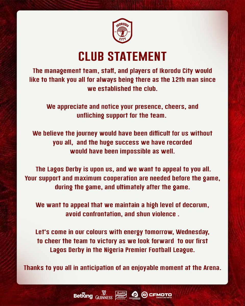 IkoroduCityFC's tweet photo. 𝘾𝙡𝙪𝙗 𝙎𝙩𝙖𝙩𝙚𝙢𝙚𝙣𝙩: ✍️🏾
Oga Boys Fans 🔴🟡

#OgaBoys <> #WeAreIkoroduCityFC <> #NPFL27 https://t.co/PMTLUwLs8G
