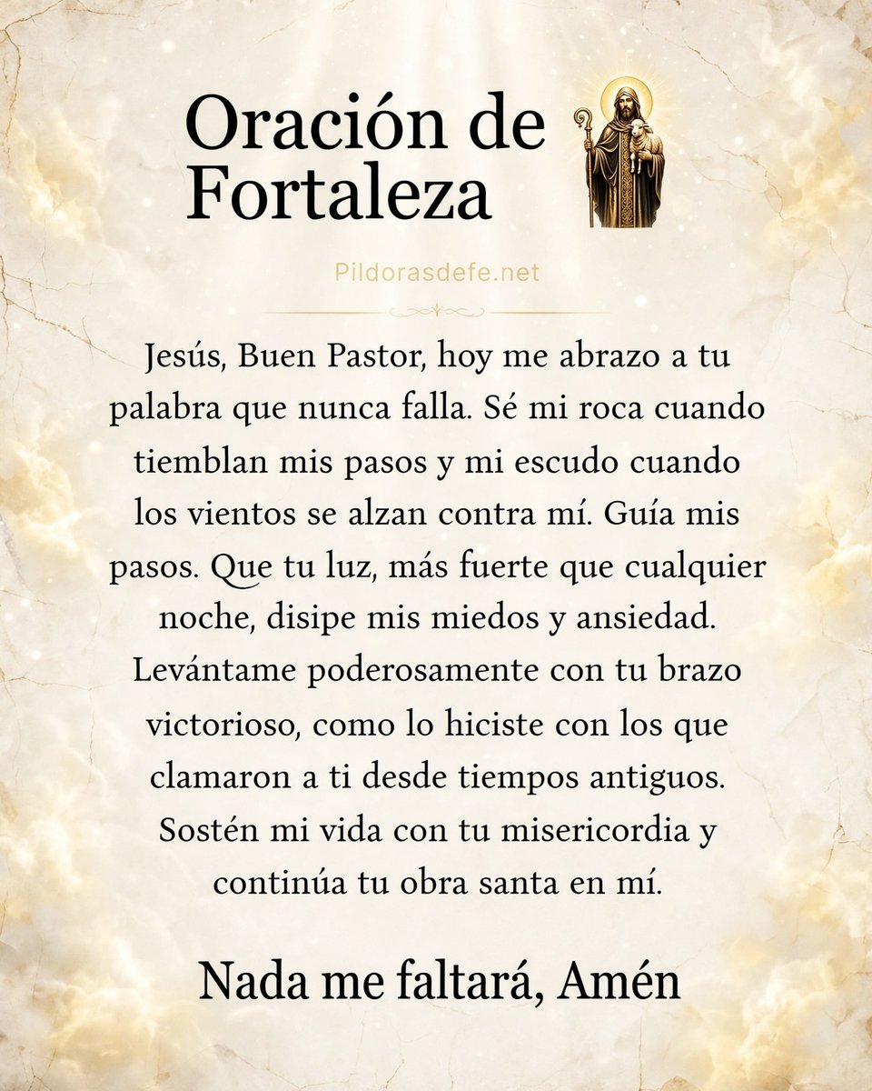 Pildorasdefe's tweet photo. ¿Que tus fuerzas ya no alcanzan?

Jesús, como Buen Pastor, no te mira desde lejos; se acerca cuando tus pasos tiemblan, te cubre con su sombra protectora y se vuelve roca firme y escudo contra lo que te inquieta.

Su fuerza y su gracia disipan los miedos y la ansiedad, te levantan con su brazo victorioso y sostienen tu vida.

Si hay algo que hoy te hace sentir sin fuerzas, ¿te gustaría dejarlo aquí en oración para ponerlo bajo el cuidado del Buen Pastor?

🙌