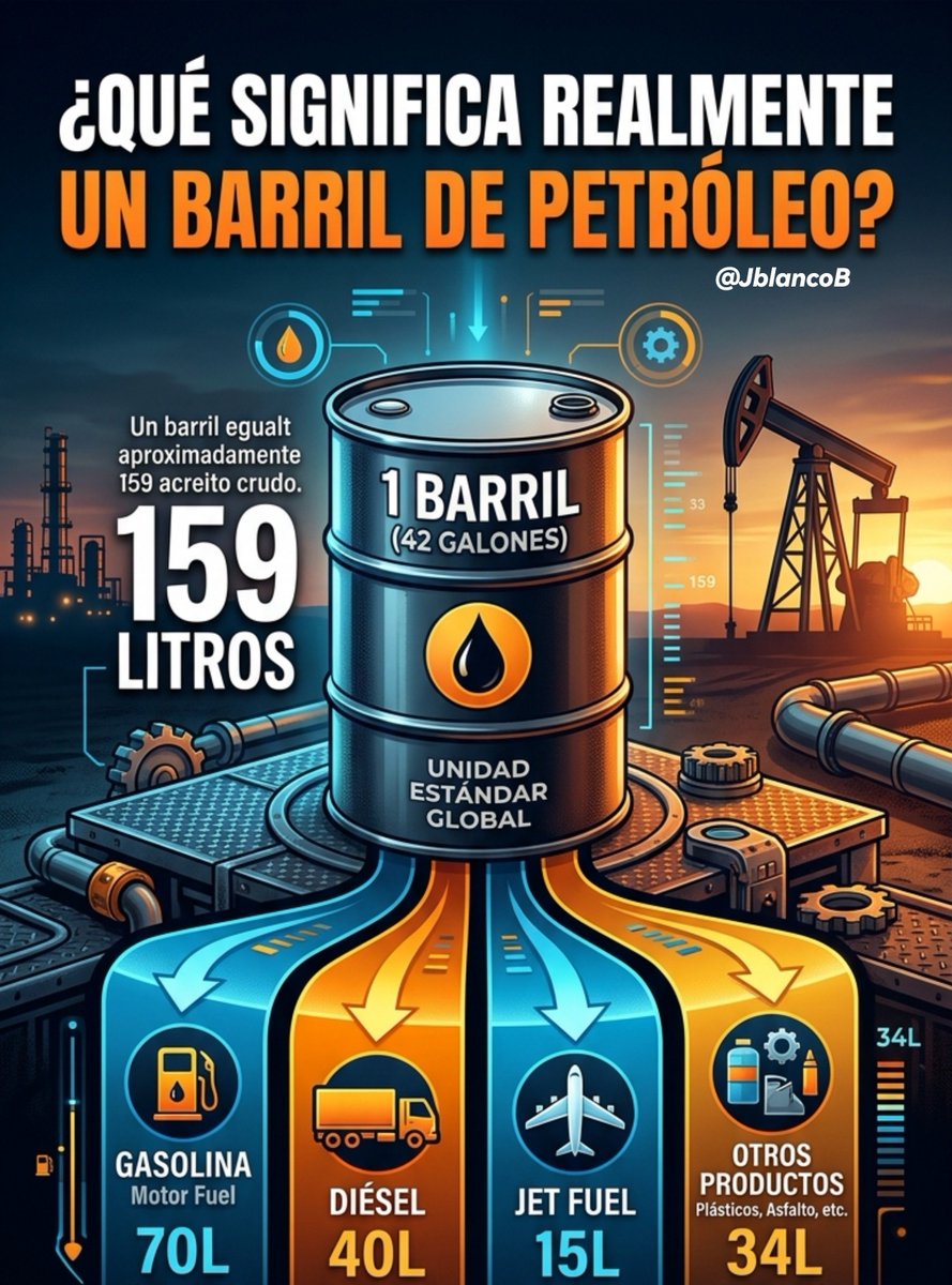 JblancoB's tweet photo. Ves las noticias de economía y siempre dicen: "El barril de petróleo subió a $85", pero casi nadie se detiene a pensar qué contiene realmente ese barril.

Aquí tienes el desglose exacto de la unidad de medida más influyente del planeta:

Todo el mundo habla del «barril de petróleo», pero nadie te explica qué es realmente.

Spoiler: no es un barril físico que viaja en barco.

Aquí el desglose de la unidad de medida que mueve la economía global 👇

1. La medida exacta:
En la industria se abrevia como "bbl" y equivale a:

✅ 42 galones estadounidenses

✅ 158.98 litros (redondeado a ~159 L)

¿Por qué 42 galones? 
En el siglo XIX (Pensilvania), los productores usaban barriles de madera de whisky y arenque. Para garantizar que los clientes recibieran 40 galones netos sin pérdidas por evaporación o fugas durante el transporte, agregaban 2 galones extra de margen. El estándar quedó fijado para siempre.

2. El "truco" de la refinación:
Un barril de crudo rinde en realidad más de 159 litros de productos finales (cerca de 170 L). 

Este fenómeno se llama *«refinery gain»* (ganancia de refinación): al procesar y separar las moléculas complejas del crudo en componentes más livianos, la densidad disminuye y el volumen total se expande.

3. ¿Qué sale de un solo barril (159 L)?

⛽ ~75 L de Gasolina (combustible para autos).

🚛 ~40 L de Diésel y gasóleo de calefacción.

✈️ ~15 L de Combustible para aviación (Jet Fuel)

🏭 ~29 L de otros derivados: propano, asfalto para carreteras y petroquímica base para plásticos, fertilizantes, cosméticos y textiles sintéticos.

La próxima vez que leas el precio del crudo, recuerda: no estás viendo petróleo crudo estancado; estás viendo el transporte, la ropa, los empaques y la energía que sostiene el comercio mundial.